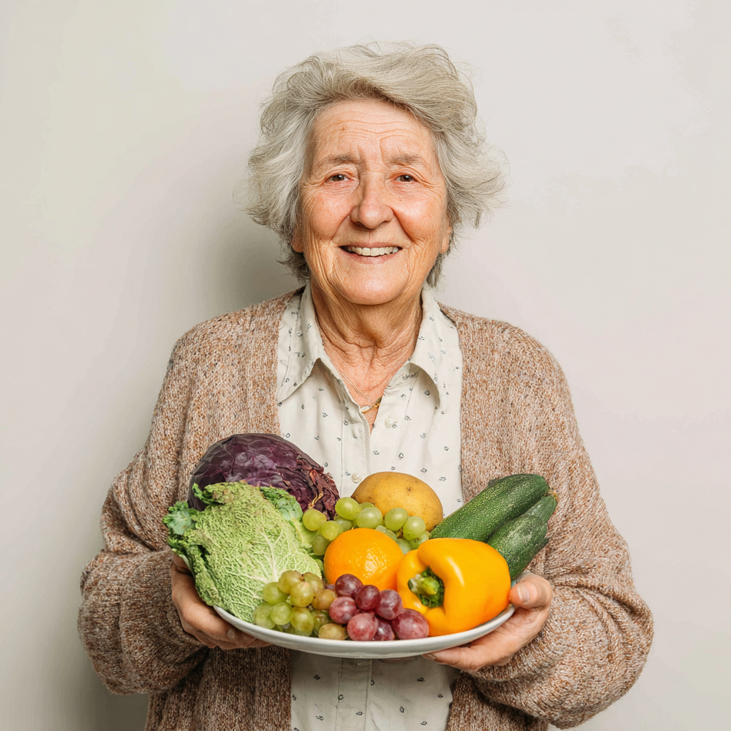 Smiling elderly European couple preparing healthy meal together in bright kitchen