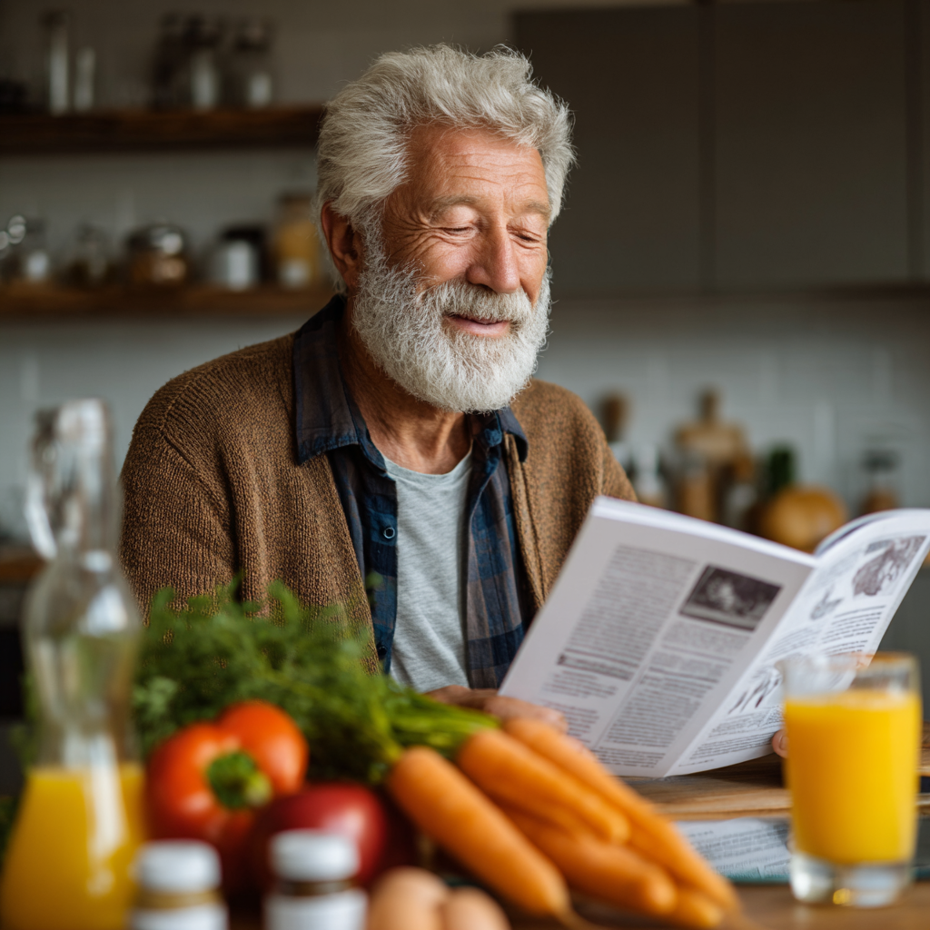 Cheerful elderly European woman enjoying a colorful healthy meal with vegetables and fruits