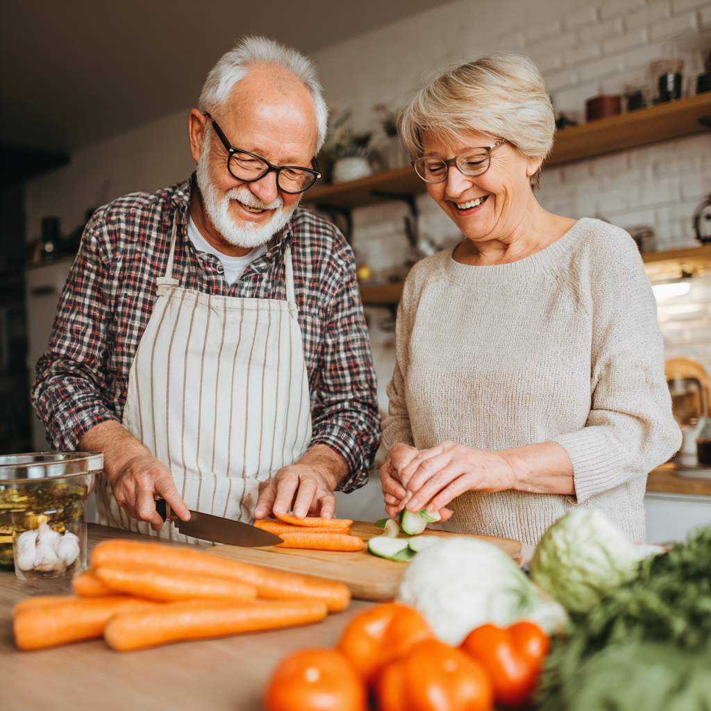 Happy elderly European couple preparing fresh vegetables together in a modern kitchen
